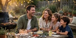 Man laughing with family at an outdoor birthday barbecue party