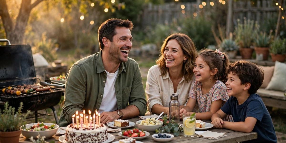 Man laughing with family at an outdoor birthday barbecue party