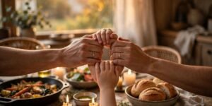 A warm family dinner table with a blessing before meal prayer being shared.