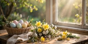 Basket of pastel Easter eggs and daffodils on a rustic table in warm morning sunlight
