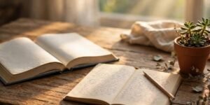 Open books and a pencil on a warm study desk, symbolizing exam success blessings for students