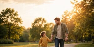 A dad walking hand in hand with his young child on a sunny park path on Father's Day.