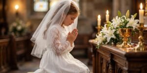 Young girl in a white communion dress kneeling in prayer at a church altar with candles and lilies