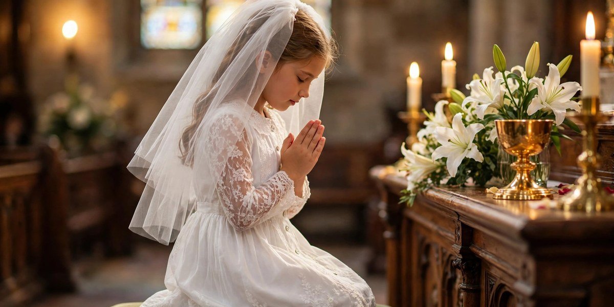 Young girl in a white communion dress kneeling in prayer at a church altar with candles and lilies