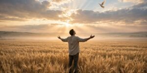 Man praying with open arms in a golden wheat field at sunrise, dove flying in warm morning light — forgiveness prayer