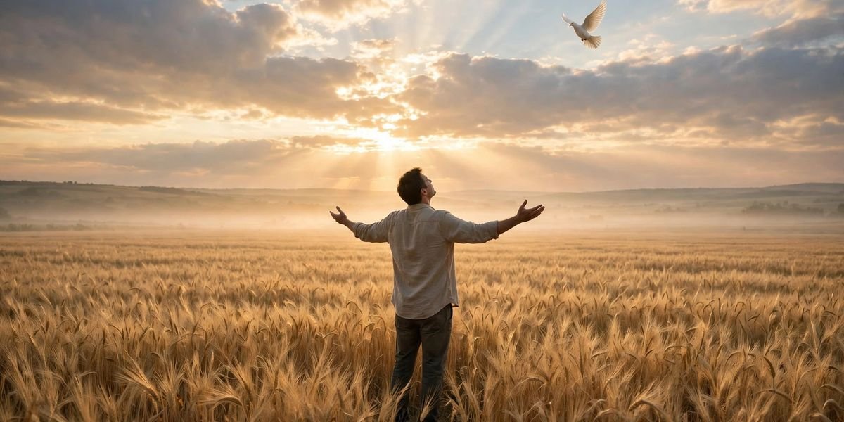 Man praying with open arms in a golden wheat field at sunrise, dove flying in warm morning light — forgiveness prayer