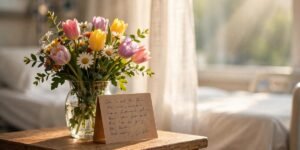 Vase of fresh tulips and daisies beside a get-well card on a bedside table in soft morning sunlight