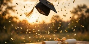 Graduation cap tossed in the air with golden confetti falling, and a diploma scroll with a gold ribbon