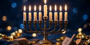 Glowing Hanukkah menorah with lit candles celebrating the Festival of Lights