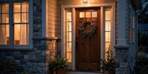 A warmly lit home entryway at dusk with a wooden front door, a wreath, and a glowing porch light