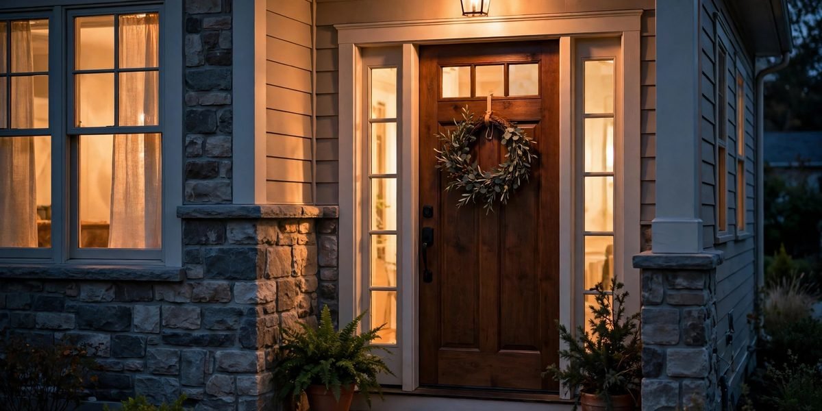 A warmly lit home entryway at dusk with a wooden front door, a wreath, and a glowing porch light