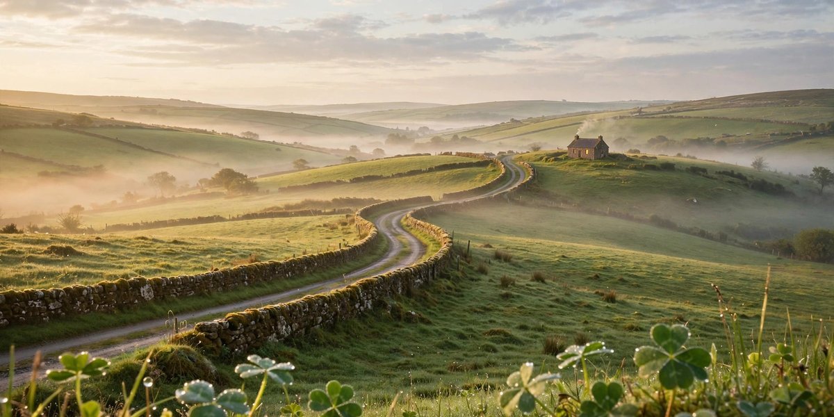 Irish countryside sunrise with a winding country road, stone cottage and shamrocks — Irish blessing prayers.