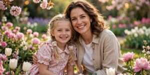 Smiling mother hugging her young daughter in a bright spring garden full of pink flowers on Mother's Day