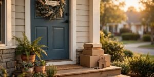 Welcoming front porch of a new home with a welcome wreath and moving boxes at golden hour