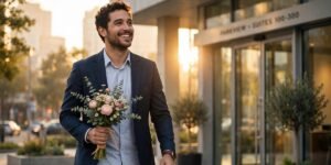 Warm celebratory photo of a person with flowers walking toward a bright office building at sunrise, symbolizing new job blessings.
