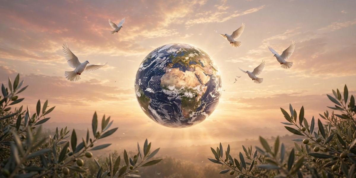 Glowing Earth globe surrounded by white doves and olive branches under a golden sunrise, symbolizing a peace prayer for the world.