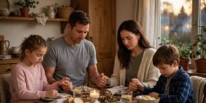 Family holding hands and praying together around a candle-lit dinner table