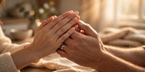 Wife holding her husband's hand in prayer at sunrise