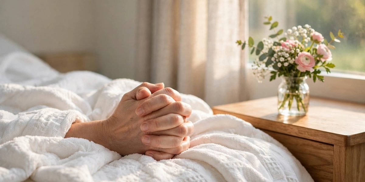 Folded hands in prayer on a white hospital blanket beside fresh flowers in soft morning light — a peaceful image for these prayers for surgery.