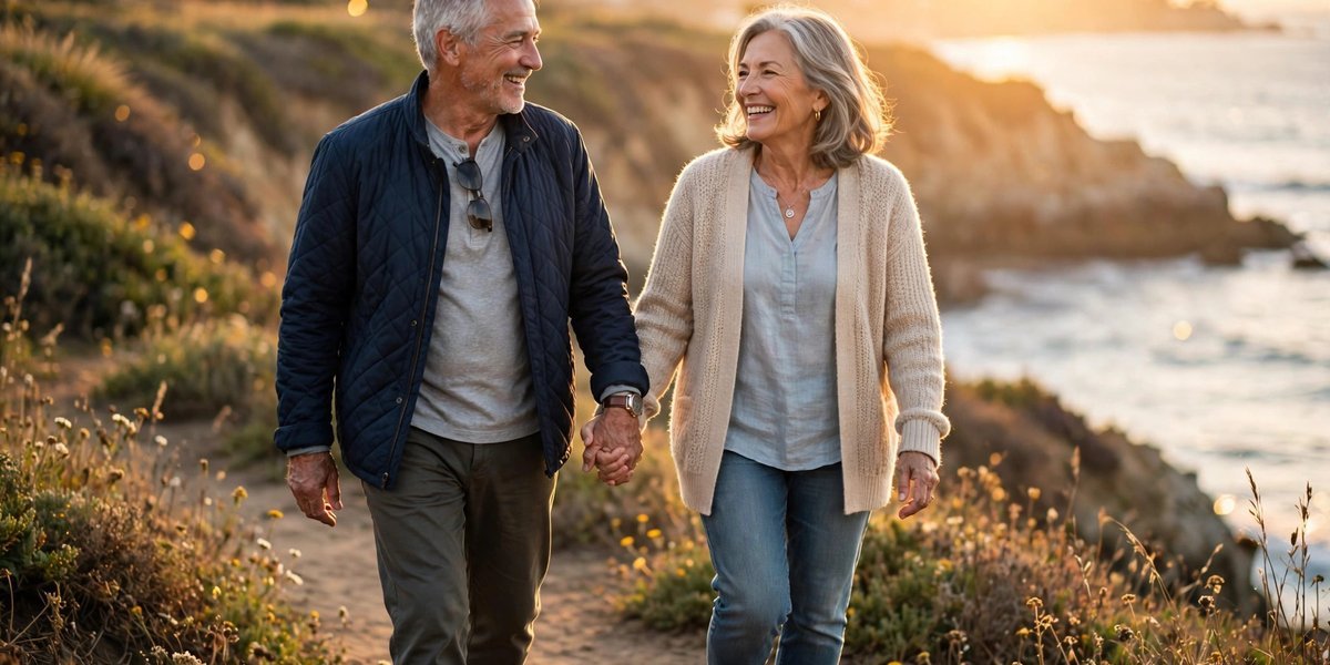 Happy retired couple walking hand in hand along a sunny coastal path at golden hour