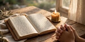 An open prayer notebook with handwritten text, a lit candle, and folded hands in prayer beside a sunlit window