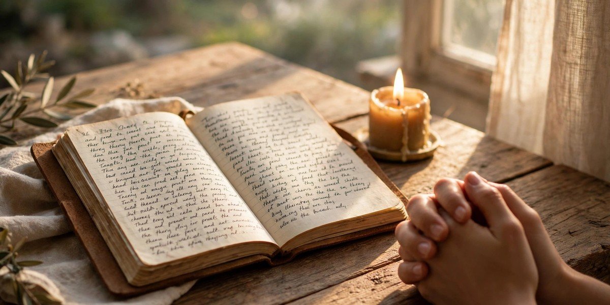 An open prayer notebook with handwritten text, a lit candle, and folded hands in prayer beside a sunlit window