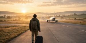 Traveler with a suitcase walking toward an airplane at sunrise for travel prayers