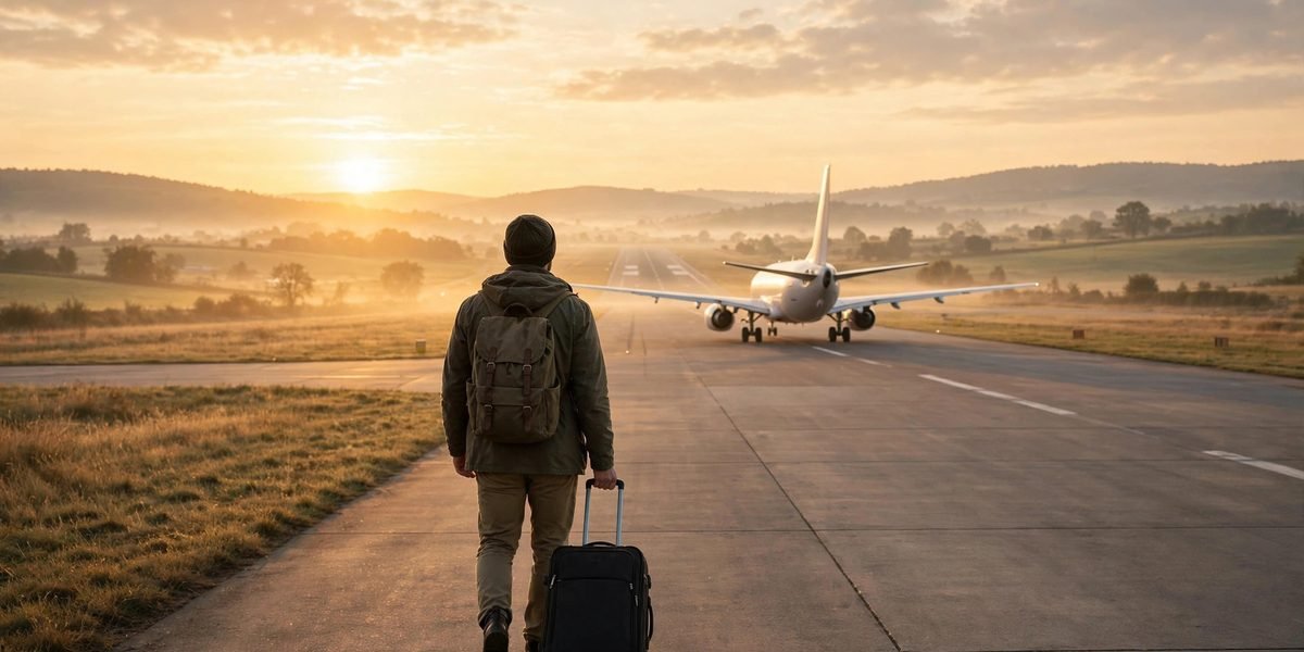 Traveler with a suitcase walking toward an airplane at sunrise for travel prayers