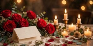 A warm romantic Valentine's Day scene with red roses, candles, and glowing lights.