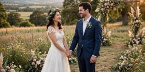 Newlywed couple holding hands at an outdoor wedding ceremony in soft sunlight