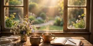 Warm weekend morning scene with coffee, wildflowers and sunlight - weekend blessings