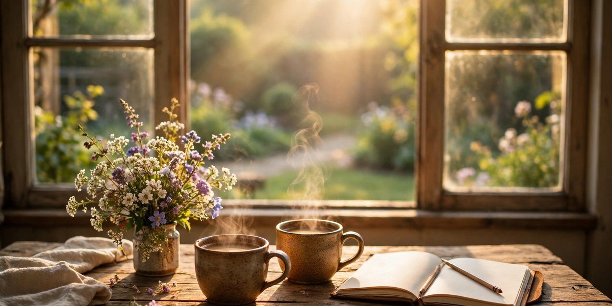 Warm weekend morning scene with coffee, wildflowers and sunlight - weekend blessings